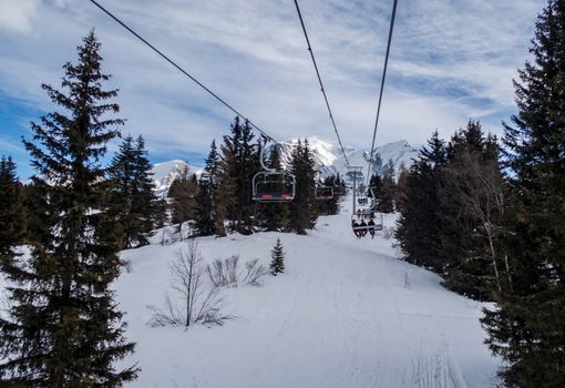 Ski chair lifts in action in Chamonix, France