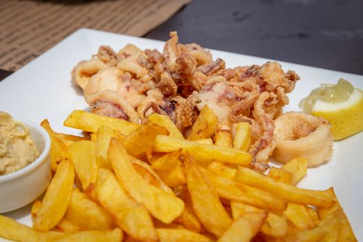 A plate of fried calamari and chips with s pot of hummus