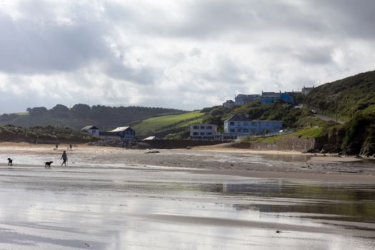 Sweeping vista of Mawgan Porth Beach, North Cornwall, England