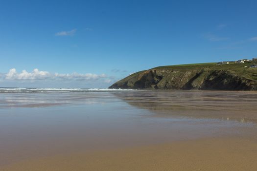 Sweeping vista of Mawgan Porth Beach, North Cornwall, England