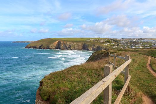 A landscape view of Mawgan Porth from the South West Coast Path, North Cornwall along the Atlantic coast near Newquay