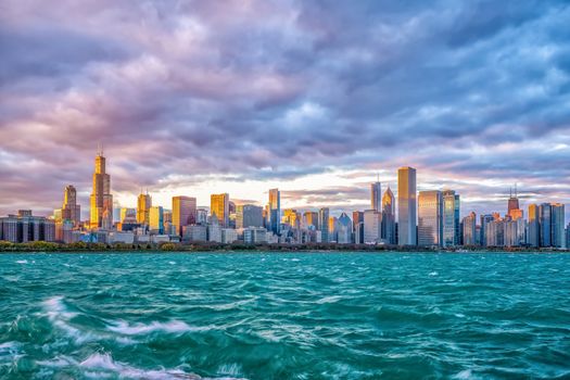 Downtown chicago skyline at sunset in Illinois, USA