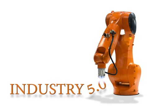 Industry 5.0 robot mechanical arm technology on a white background