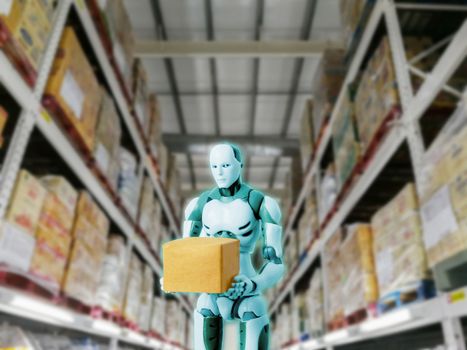 Intelligent robot technology holds box works instead of humans in the warehouse.