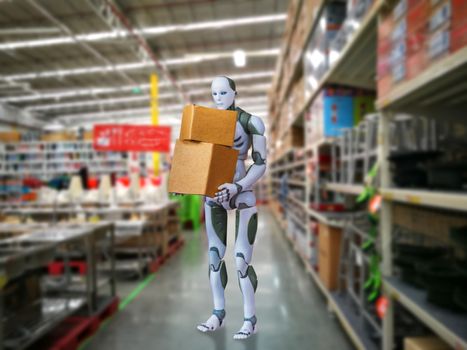 Intelligent robot technology holds box works instead of humans in the warehouse blur background