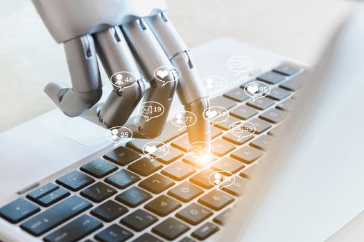 Robot hands and fingers point social media online business Message, likes, followers and comment on internet