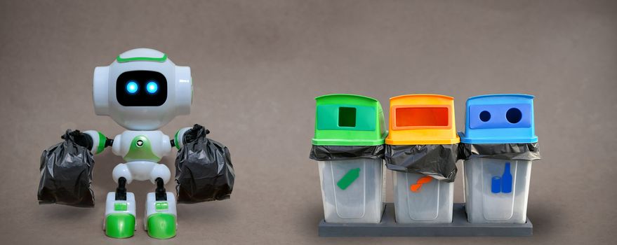 Robot hold garbage bags technology recycle environment on a gray background