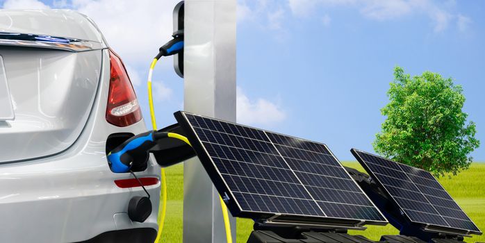 EV Car or electric power car and solar cells for electricity generation