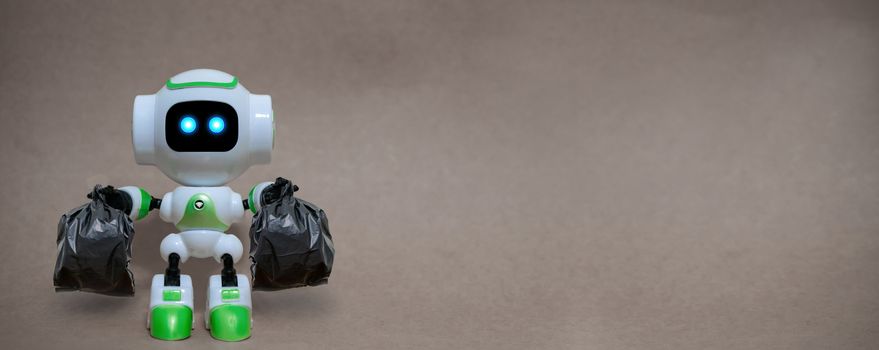 Robot hold garbage bags technology recycle environment on a gray background