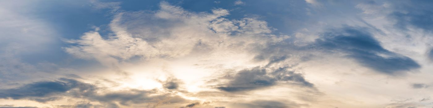 Vibrant panorama sunset sky on twilight time. Beautiful cirrus cloud. Panoramic image