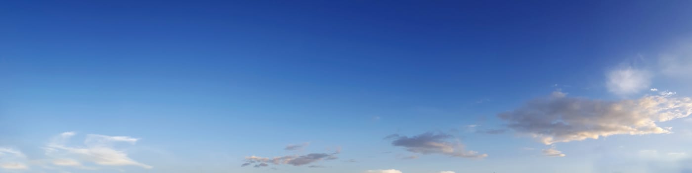 Vibrant color panoramic sky with cloud on a sunny day. Beautiful cirrus cloud. Panorama high resolution photograph.