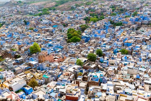 Aerial view of Jodhpur city, Rajasthan, India. The famous blue city, seen from Mehrangarh fort.