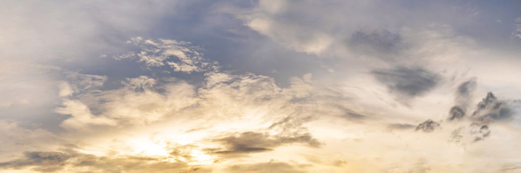 Vibrant panorama sunset sky on twilight time. Beautiful cirrus cloud. Panoramic image