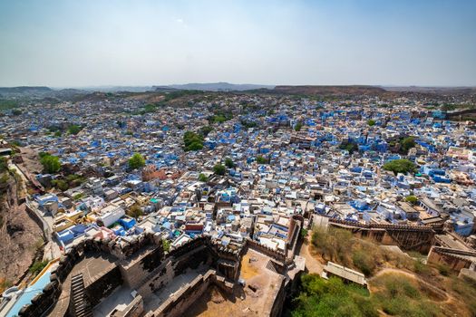 Aerial view of Jodhpur city, Rajasthan, India. The famous blue city, seen from Mehrangarh fort.