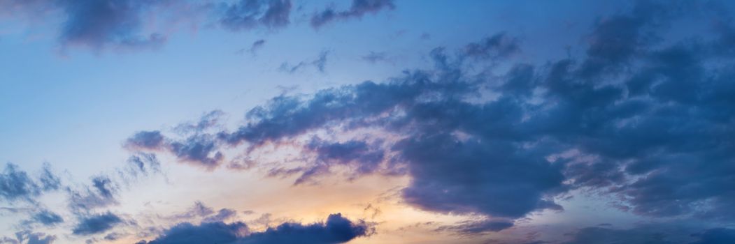 Vibrant panorama sunset sky on twilight time. Beautiful cirrus cloud. Panoramic image