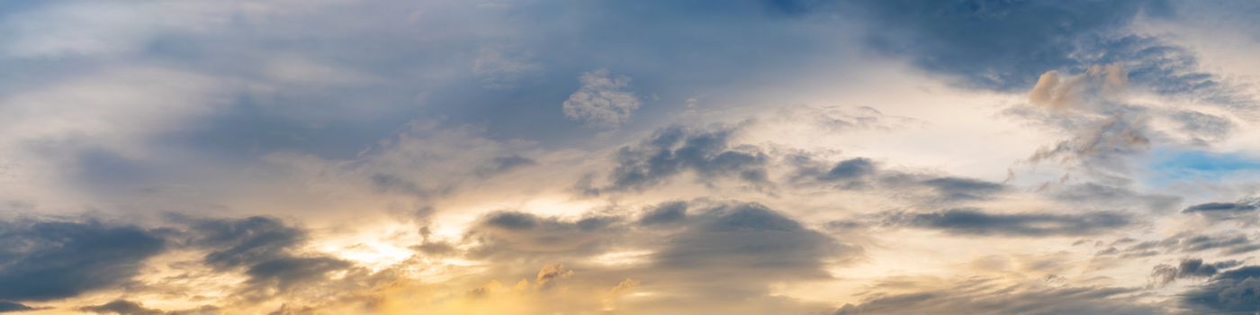 Vibrant panorama sunset sky on twilight time. Beautiful cirrus cloud. Panoramic image