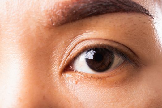 Close up detail macro of iris eyebrow or eyes Asian young woman open eyeball, studio shot background, Healthcare beauty concept