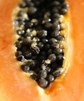 Close up of seeds inside one half of a papaya fruit.