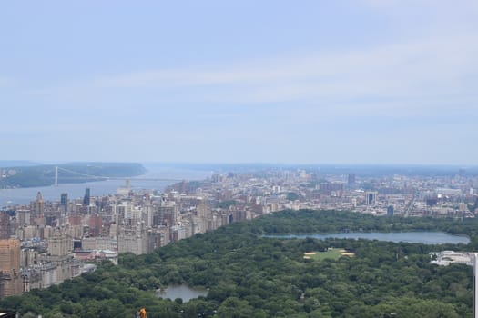 New York Manhattan skyline from Top of the Rock observation deck, panoramic view in a sunny day on NY City