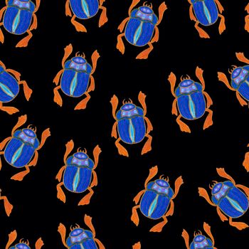 Blue scarab isolated on black background. Dark Seamless pattern with Bug insect, Beetles. Design for wrapping paper, cover, greeting card, wallpaper, fabric.