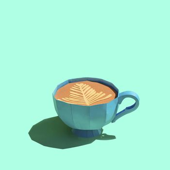 Paper cup with cappuccino in bright sunshine. Volumetric handmade paper objects. Paper art and craft. Trendy hobby. Minimal artistic food concept