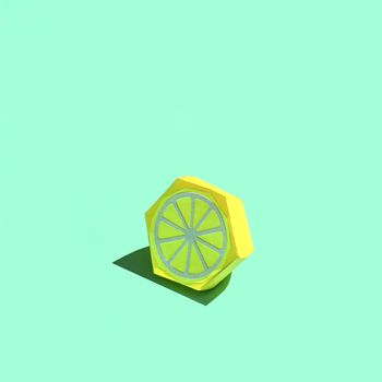 Paper half lemon with shade in bright sunshine. Paper art and craft. Trendy hobby. Minimal artistic food concept. Copy space