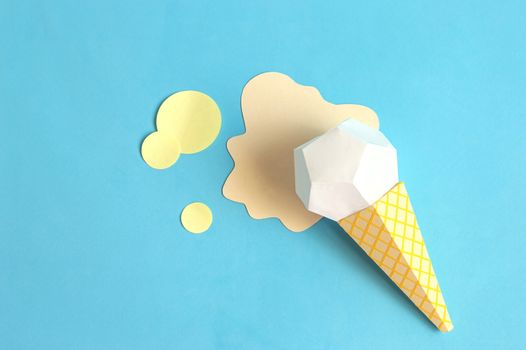 Ice cream in waffle cone made of paper. Real volumetric handmade paper objects. Paper art and craft
