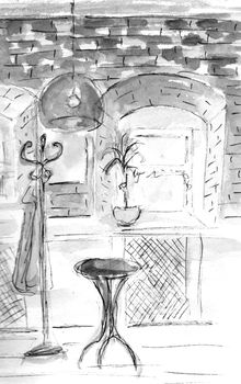 Watercolour sketch of Cafe interior. Hand drawn illustration. Gray, black and white monochrome colors.