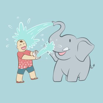 Baby elephant and happy tourist throwing water to each other in Thailand songkran water festival on blue background 