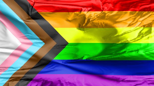 LGBT Rainbow Flag with inclusion and progression colors. Symbol of lesbian, gay, bisexual & transgender community. Black and brown stripes to represent marginalised LGBT also with the colours pink, light blue and white, which are sign of the Transgender Pride Flag.