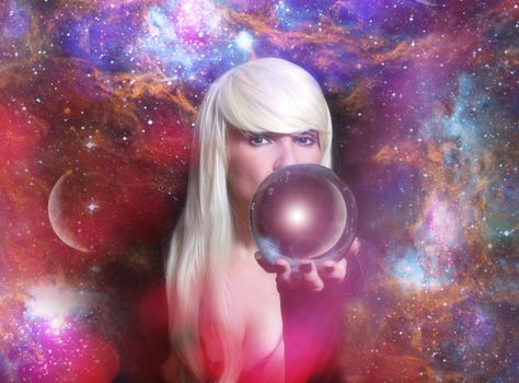 Psychic with Blond hair and Crystal Ball Space Galaxy Background