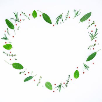 Heart shaped frame various fresh herbs rosemary, sage ,thyme and peppermint leaves flat lay with central copyspace on white wooden background.