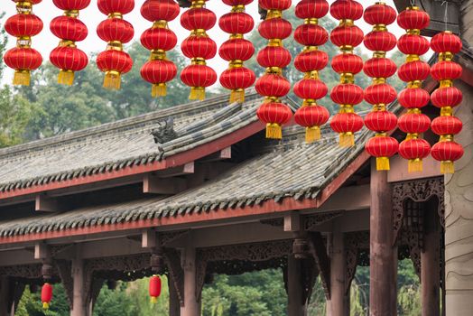 Group of red chinese lanterns with chinese traditional architecture in the background, Chengdu, China