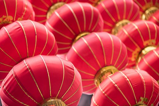 Group of red chinese lanterns with chinese traditional architecture in the background, Chengdu, China