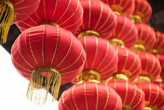 Group of red chinese lanterns with chinese traditional architecture in the background, Chengdu, China