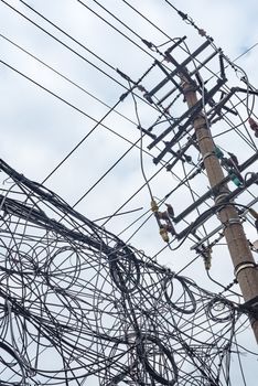 Telephone pole and chaotic mess of wires against sky in China