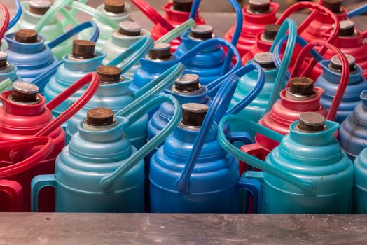 Colorful thermos bottles in a chinese tearoom