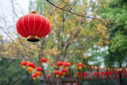 Red chinese lanterns hanging on trees in culture park, Chengdu China