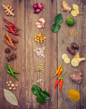 Various of Thai food Cooking ingredients and spice red curry paste ingredient of thai popular food on rustic wooden background. Spices ingredients chilli ,pepper, garlic and Kaffir lime leaves .