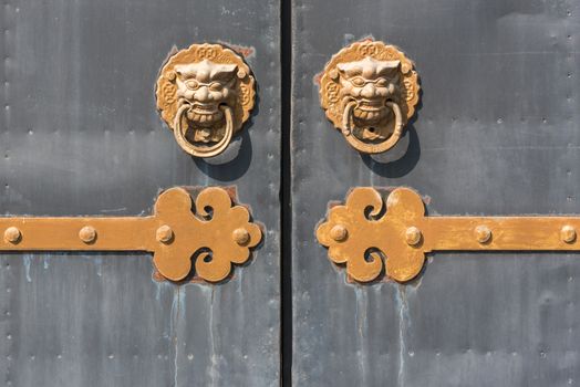 Golden colored chinese door knockers on a grey gate