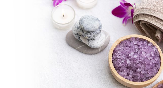 Spa accessories aromatic salt scrub and towel.