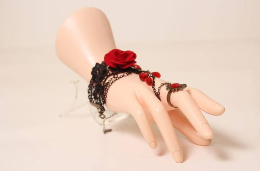 Jewelry on Mannequin Hand, Vintage Style Rose Bracelet with Ring