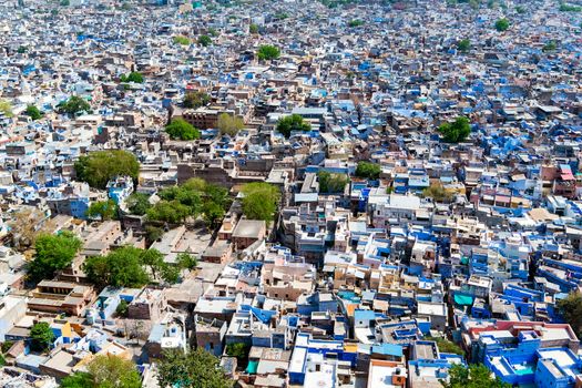 Aerial view of Jodhpur city, Rajasthan, India. The famous blue city, seen from Mehrangarh fort.