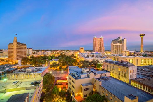 Top view of downtown San Antonio in Texas USA at sunset