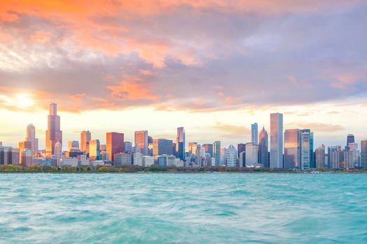 Downtown chicago skyline at sunset in Illinois, USA