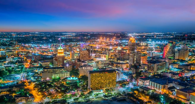 Top view of downtown San Antonio in Texas USA at sunset