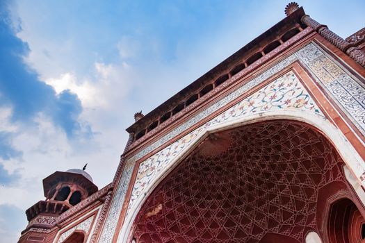 Taj Mahal Gate, an ivory-white marble mausoleum on the south bank of the Yamuna river in Agra, Uttar Pradesh, India. One of the seven wonders of the world.