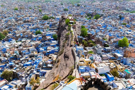 Aerial view of Jodhpur city, Rajasthan, India. The famous blue city, seen from Mehrangarh fort.