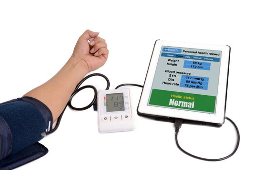 Someone is checking his health information using blood measurement meters link to e-health application by tablet.