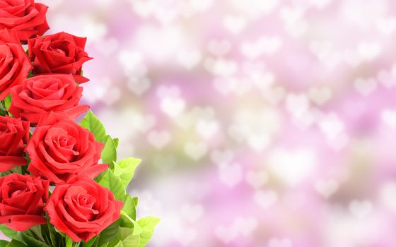 Red roses on shiny pink and heart bokeh background.